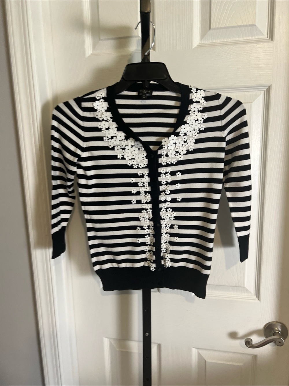 Talbots Women's Cardigan Sweater Black White Striped Flower Embellishments Sz P